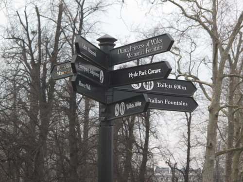 Wegweiser im Hyde Park, Londres.